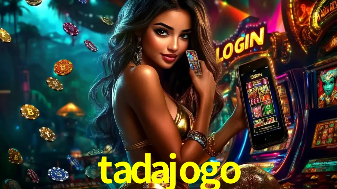 Mulher em um cenário de cassino temático de aventura, mostrando o app de caça-níqueis da tadajogo no celular. Fichas de apostas flutuam ao redor.