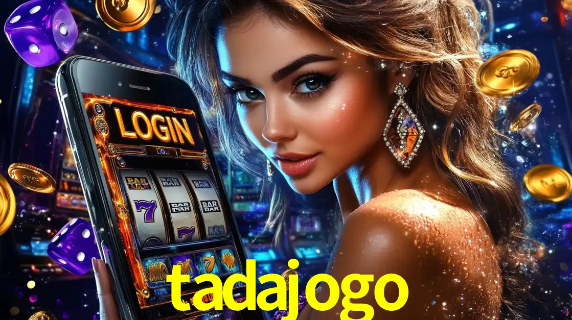 Mulher glamorosa segurando um smartphone com a tela de login para os jogos de caça-níqueis do cassino online tadajogo, com moedas de ouro e dados ao redor.