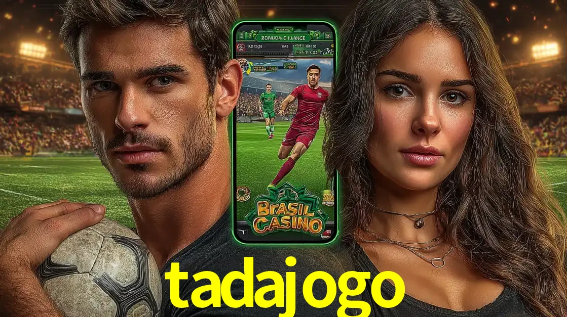 Homem segurando uma bola de futebol e uma mulher ao lado de um smartphone exibindo o jogo de apostas esportivas da tadajogo. Faça seu palpite no cassino online.
